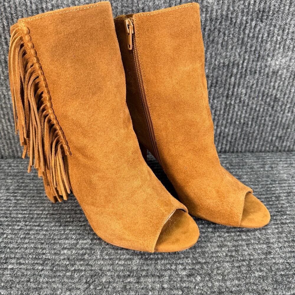 Gianni Bini Women’s 6.5 Brown Suede Fringe Peep Toe High Heel Boots